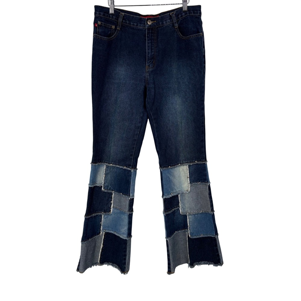 Zana-Di Vintage Y2K Patchwork‎ Flare Jeans Dark Wash Studded Frayed Hem Size 13